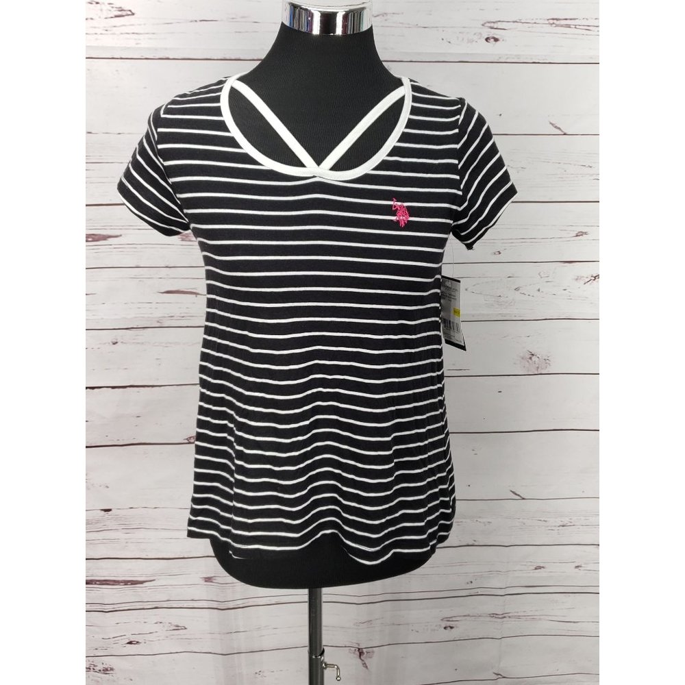 US Polo Assc Black and Whiteโ Size 10/12 Striped Tee